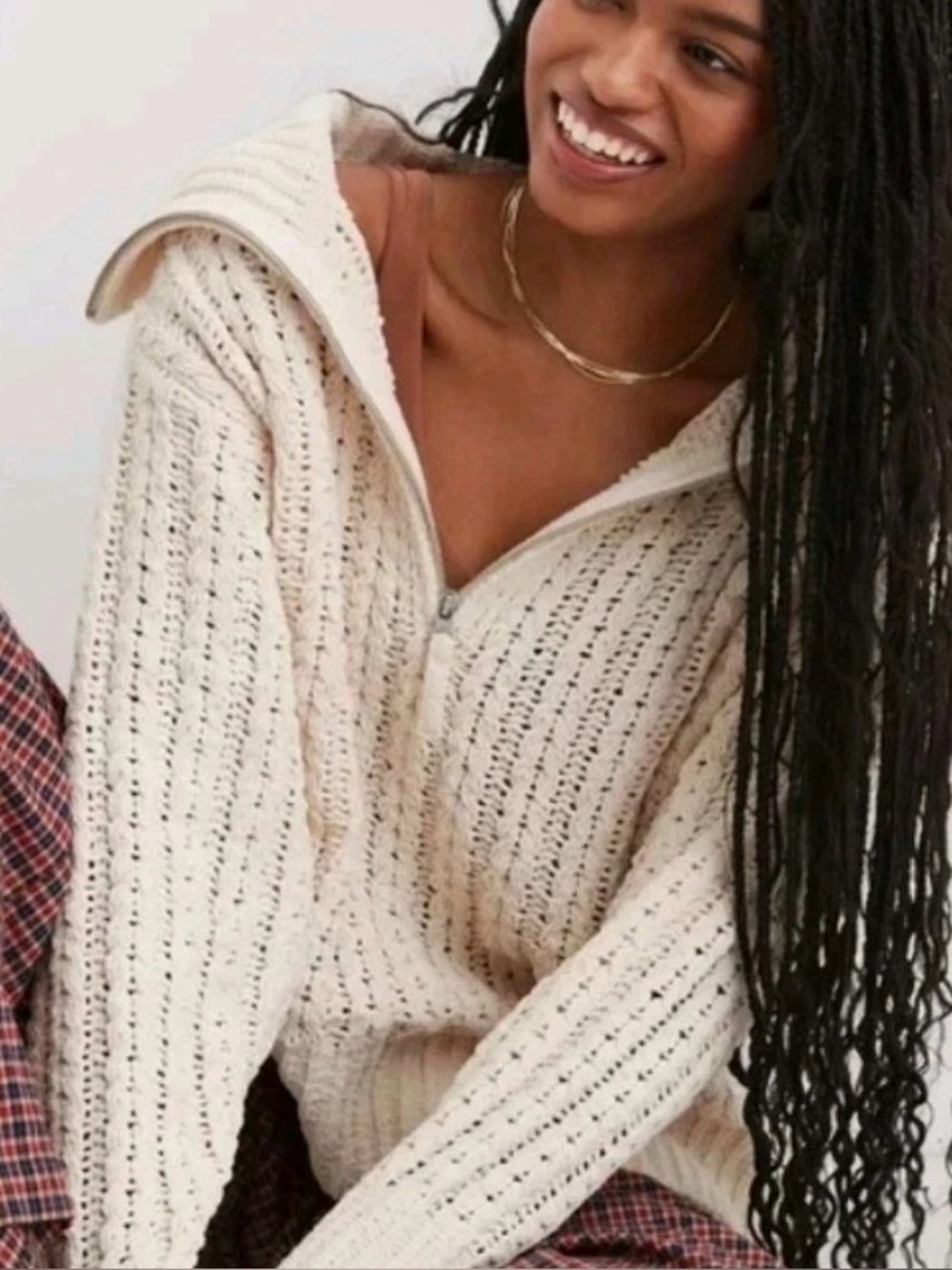 Aerie crochet knit cream off white chunky sweater size large